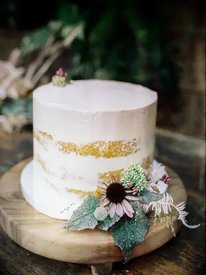 single-tier fall wedding cake with naked buttercream frosting and pink coneflower with greenery