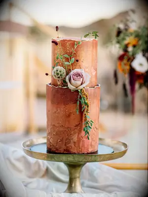 modern fall wedding cake with two tiers painted in terracotta orange color and decorated with mauve rose and greenery