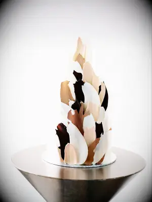 modern fall wedding cake with 3D brushstroke details in dark brown, beige and white