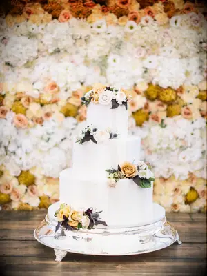 three-tier fall wedding cake decorated with hand-piped polka dots and fresh flowers
