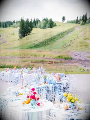 Colorful serpentine tables at outdoor wedding