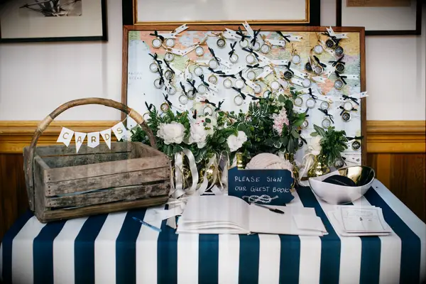 nautical wedding gift table with lobster crate card box and blue and white striped tablecloth