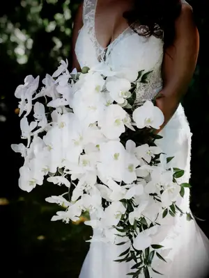 White cascading bouquet with orchids