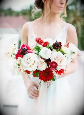 Wedding Bouquet With Red and White Roses and Scabiosa