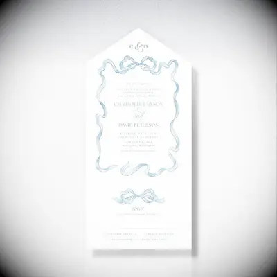 Vintage blue bow wedding invitation