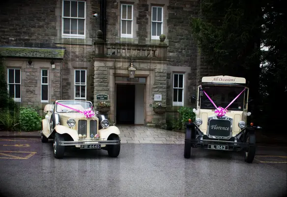 Pink and white vintage wedding car decorations