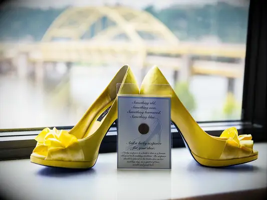 yellow shoes with sixpence