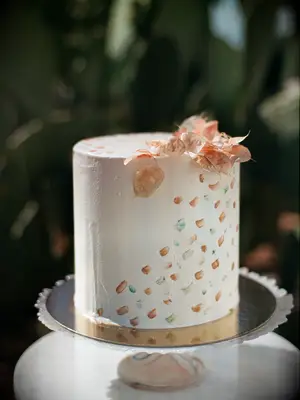 rustic boho one tier wedding cake with abstract brush stroke design and dried greenery on top