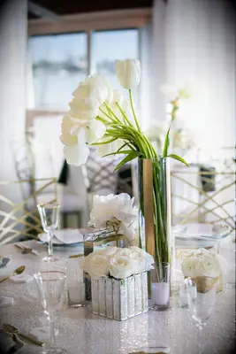 Modern Spring Centerpiece with White Tulips and Roses