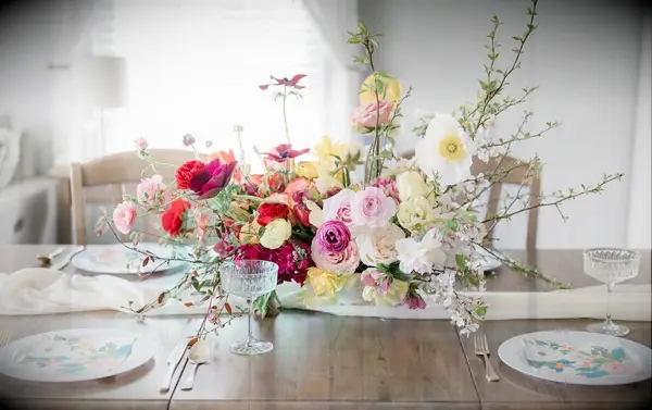 Romantic Spring Wedding Centerpiece with Poppies and Double-Daffodils