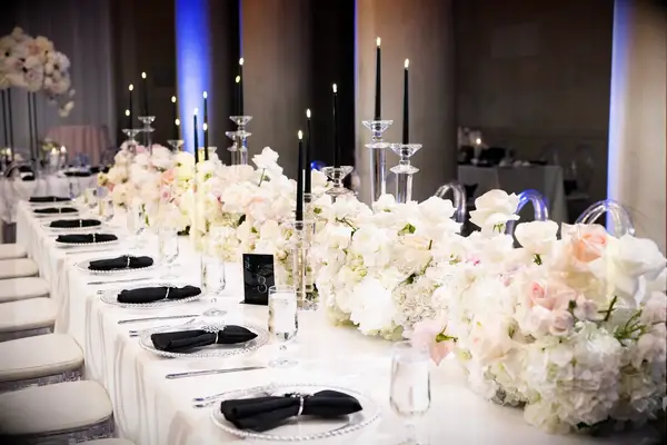 Elegant Low Spring Wedding Centerpiece with Roses and Hydrangeas