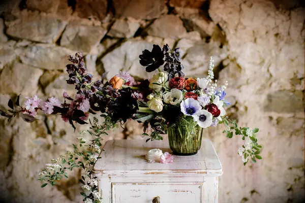 Rustic Spring Centerpiece with Anemones, Ranunculus and Tulips