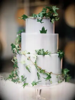 three-tier wedding cake decorated with ivy vines
