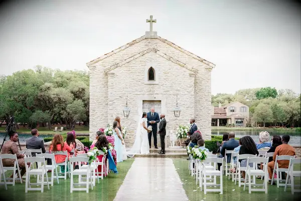 Wedding Ceremony in Front of French Chapel at The Club at Houston Oaks in Texas