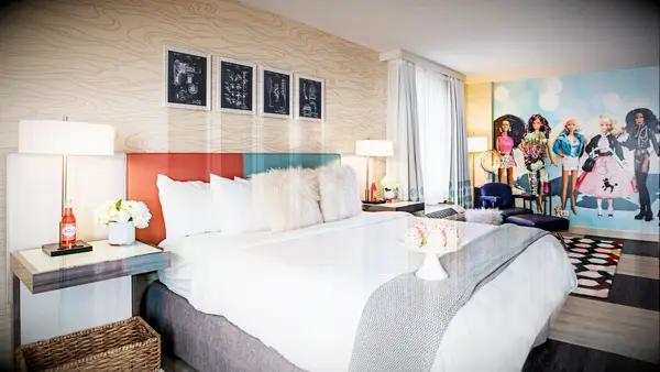 Barbie themed hotel room at The Curtis Denver - a DoubleTree by Hilton Hotel in Denver, Colorado