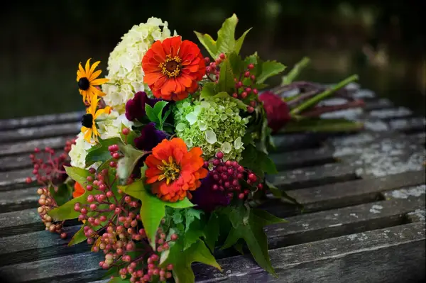 Burnt Orange and Green Bouquet with Daisies and Zinnias