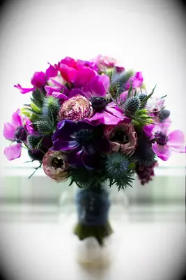 Purple Bouquet with Daisies, Carnations and Sea Holly