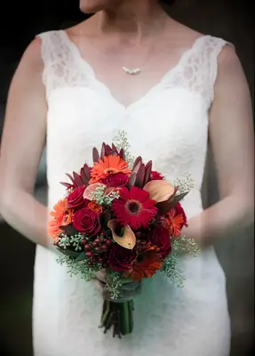Red and Orange Rustic Gerbera Daisy, Calla Lily and Rose Bouquet