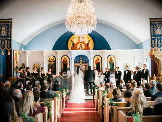 Traditional Greek Orthodox wedding ceremony order in a church.