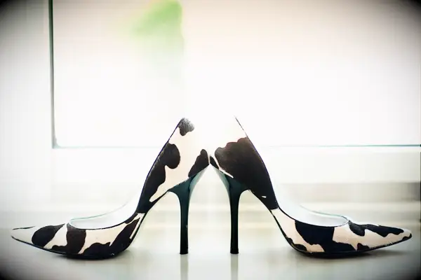 Cow-print high heels with a pointed toe. 