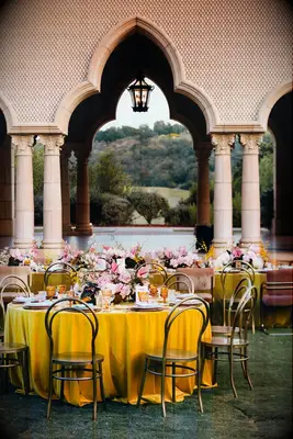 Mustard and blush-colored wedding reception palette