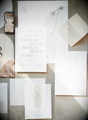 Beige and white wedding invitation suite
