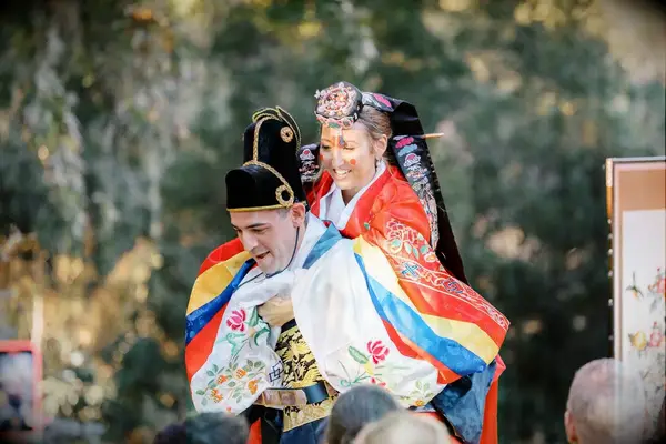 Groom Giving Bride a Piggyback Ride, Traditional During Korean Paebaek Ceremony