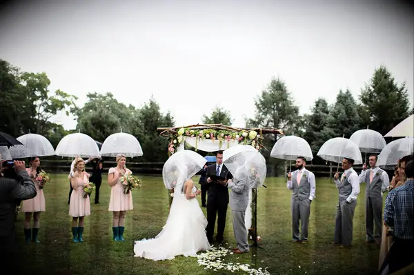 The Wedding Party Carry Bubble Umbrellas at the Ceremony at Greenhill Farm