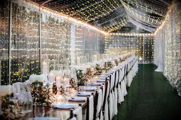 long wedding reception table surrounded by clear tent covered with string lights