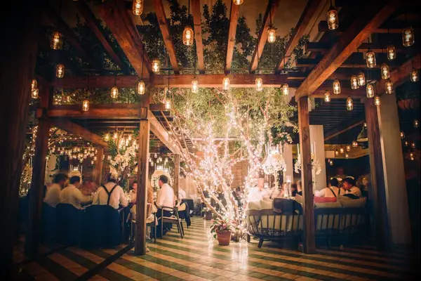 indoor wedding reception with live tree in the center of the room decorated with string lights