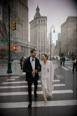 Blurry bride and groom stroll wedding photo idea