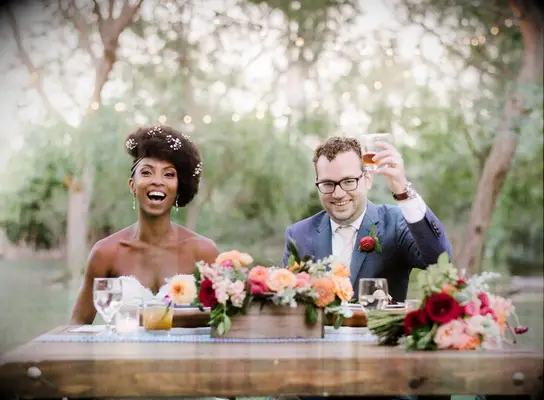 Bride and groom making a wedding welcome speech.