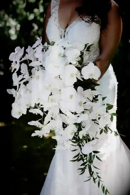 Cascading white orchid bouquet