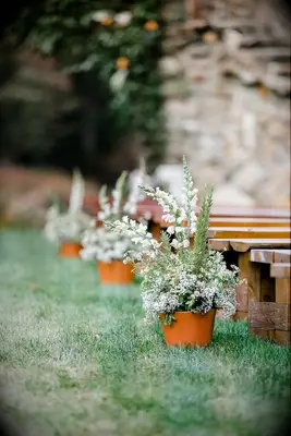 A delicate potted flower arrangement guides wedding guests to their seats.
