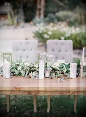 Rustic Farm Tables with Lush Eucalyptus Table Runner