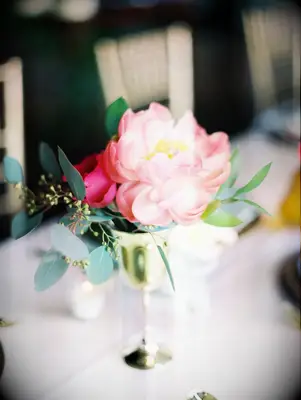 Vibrant Pink Peony and Eucalyptus Centerpieces in Gold Bud Vases