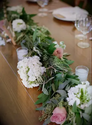White Hydrangea, Seeded Eucalyptus Garland Reception Centerpieces