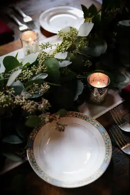 Rustic Eucalyptus Table Runner and Floral-Print China