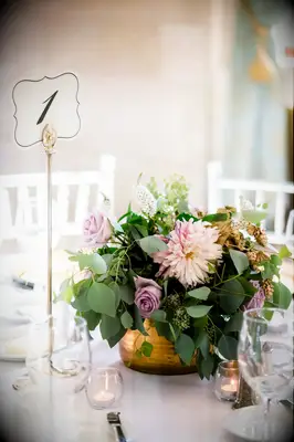 Romantic Low Centerpieces of Roses, Eucalyptus, Dahlias and Gold-Painted Hops