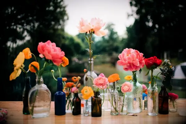 Peonies and ranunculus blooms in glass bottles