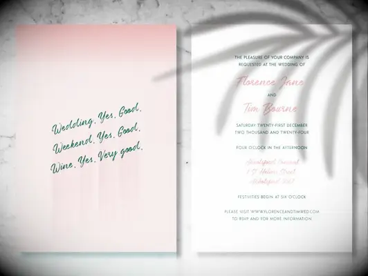 Green and pink color palette with event details on front in calligraphy type and joke on back