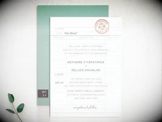 Vintage library card design with monogram stamp and green and orange color palette with typewriter font