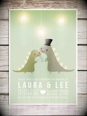 Bride and groom dinosaur graphics with names and event details in modern white type on green background