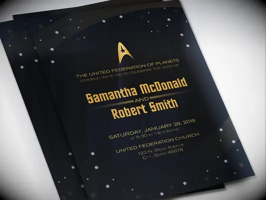 Star Trek graphic and futuristic gold font on dark background with star details