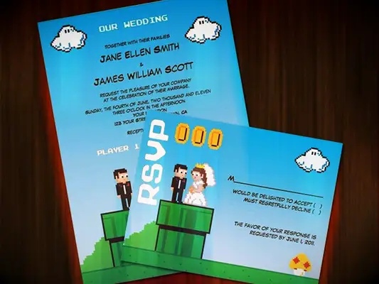 Mario Nintendo design with bride and groom standing on warp pipe