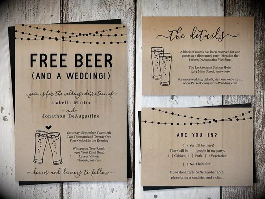 Beer pint graphics and fairy lights at top with playful black type on kraft paper