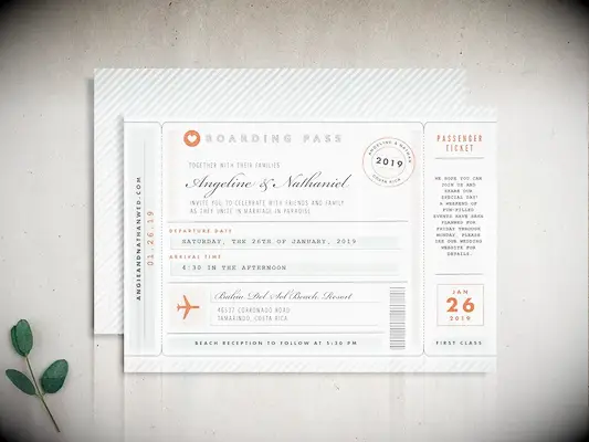 Vintage boarding pass design with orange and green color palette and minimalist type