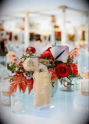 Retro-themed centerpiece and table number