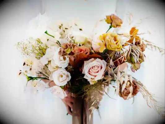 70s themed wedding blush, yellow and rust palette