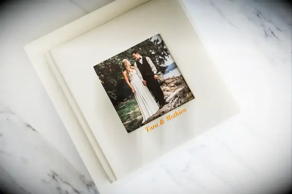 White photo album with front image